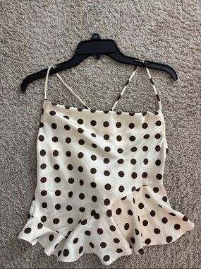 Astr Cream with Brown Polka Dots and Ruffle Hem Top